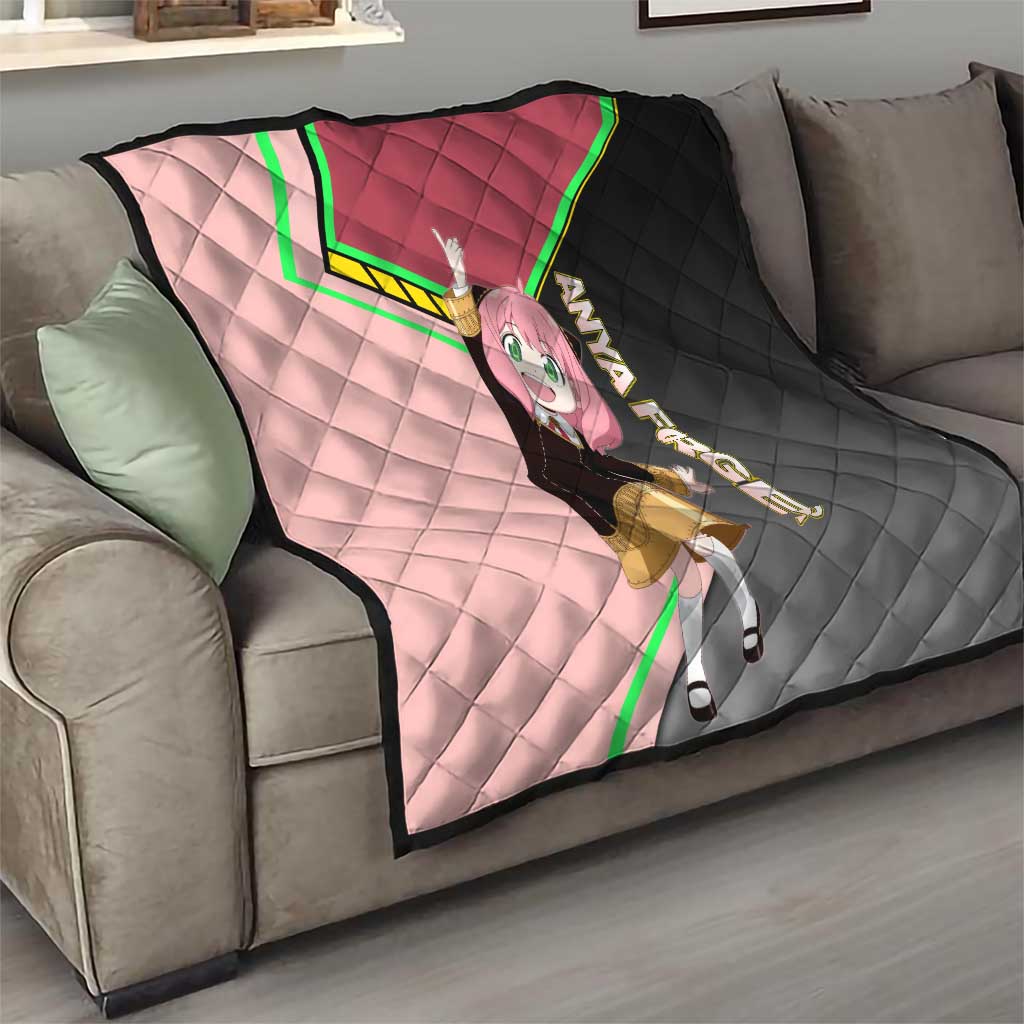 Anya Forger Spy x Family Pink and Black Theme Quilt with Cheerful Pose and Cartoon Style Accents - The Mazicc