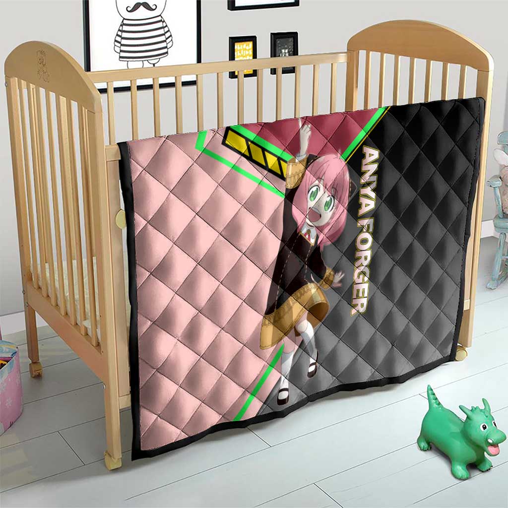 Anya Forger Spy x Family Pink and Black Theme Quilt with Cheerful Pose and Cartoon Style Accents - The Mazicc