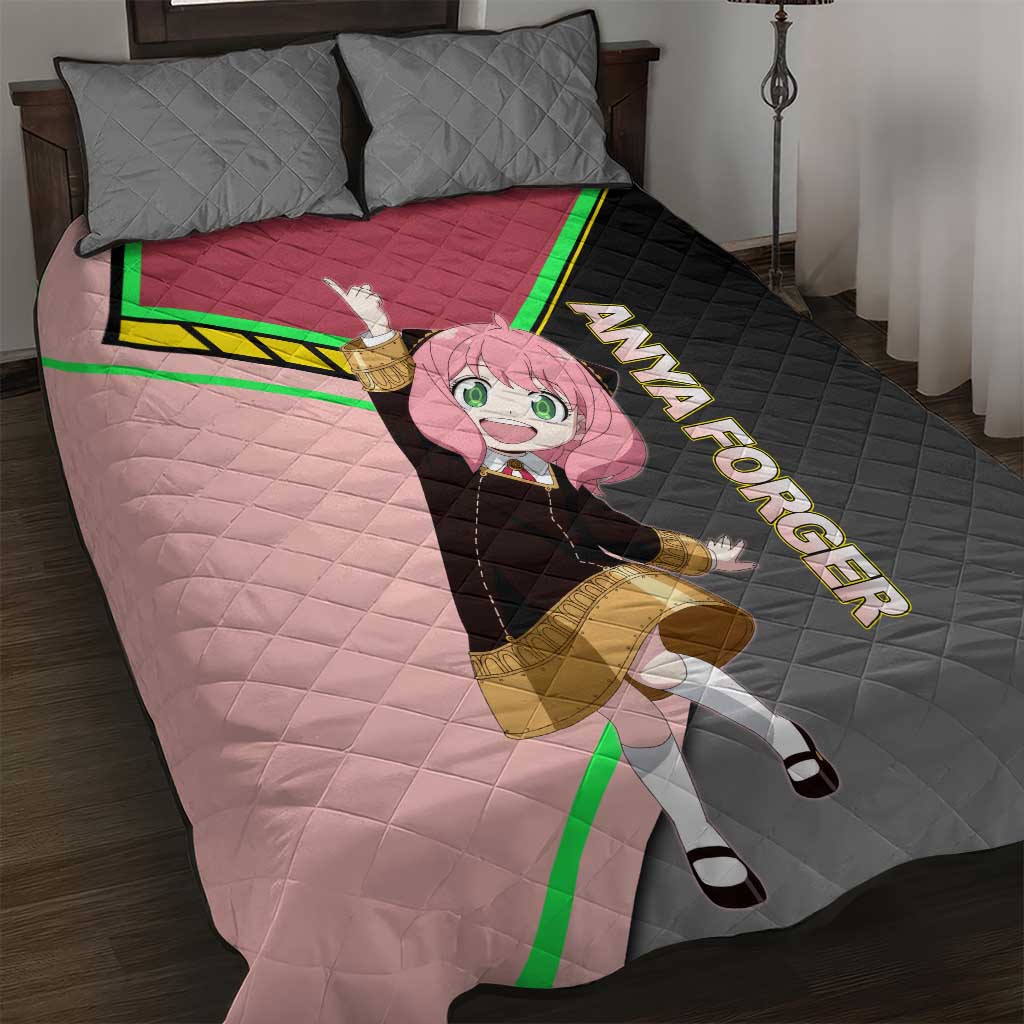 Anya Forger Spy x Family Pink and Black Theme Quilt Bed Set with Cheerful Pose and Cartoon Style Accents - The Mazicc