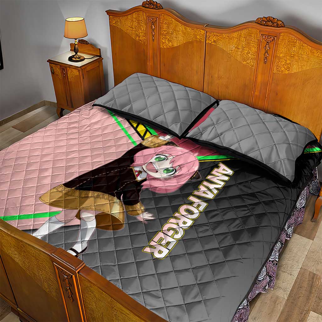 Anya Forger Spy x Family Pink and Black Theme Quilt Bed Set with Cheerful Pose and Cartoon Style Accents - The Mazicc