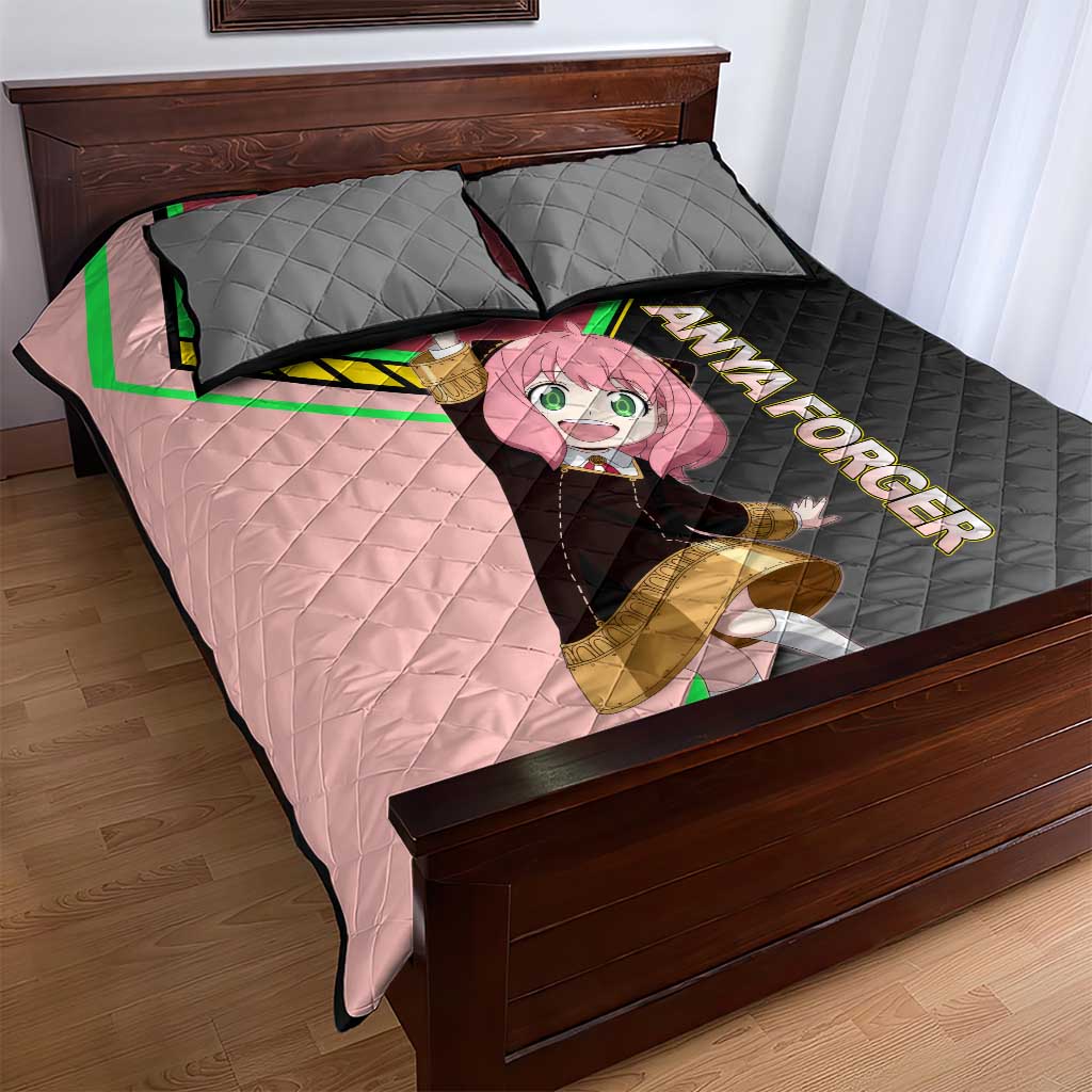 Anya Forger Spy x Family Pink and Black Theme Quilt Bed Set with Cheerful Pose and Cartoon Style Accents - The Mazicc