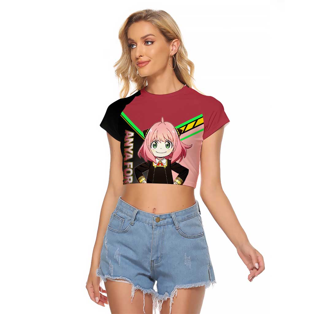 Anya Forger Spy x Family Pink and Black Theme Raglan Cropped T Shirt with Cheerful Pose and Cartoon Style Accents - The Mazicc