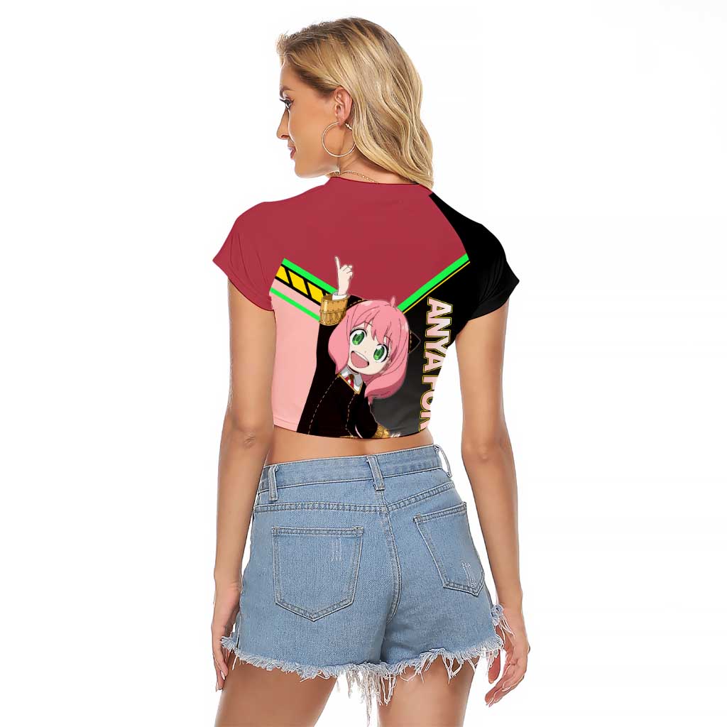 Anya Forger Spy x Family Pink and Black Theme Raglan Cropped T Shirt with Cheerful Pose and Cartoon Style Accents - The Mazicc