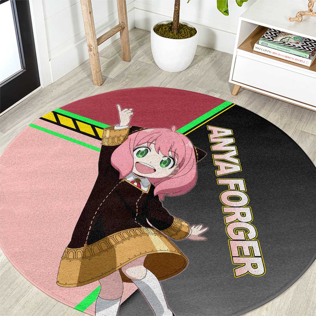 Anya Forger Spy x Family Pink and Black Theme Round Carpet with Cheerful Pose and Cartoon Style Accents - The Mazicc