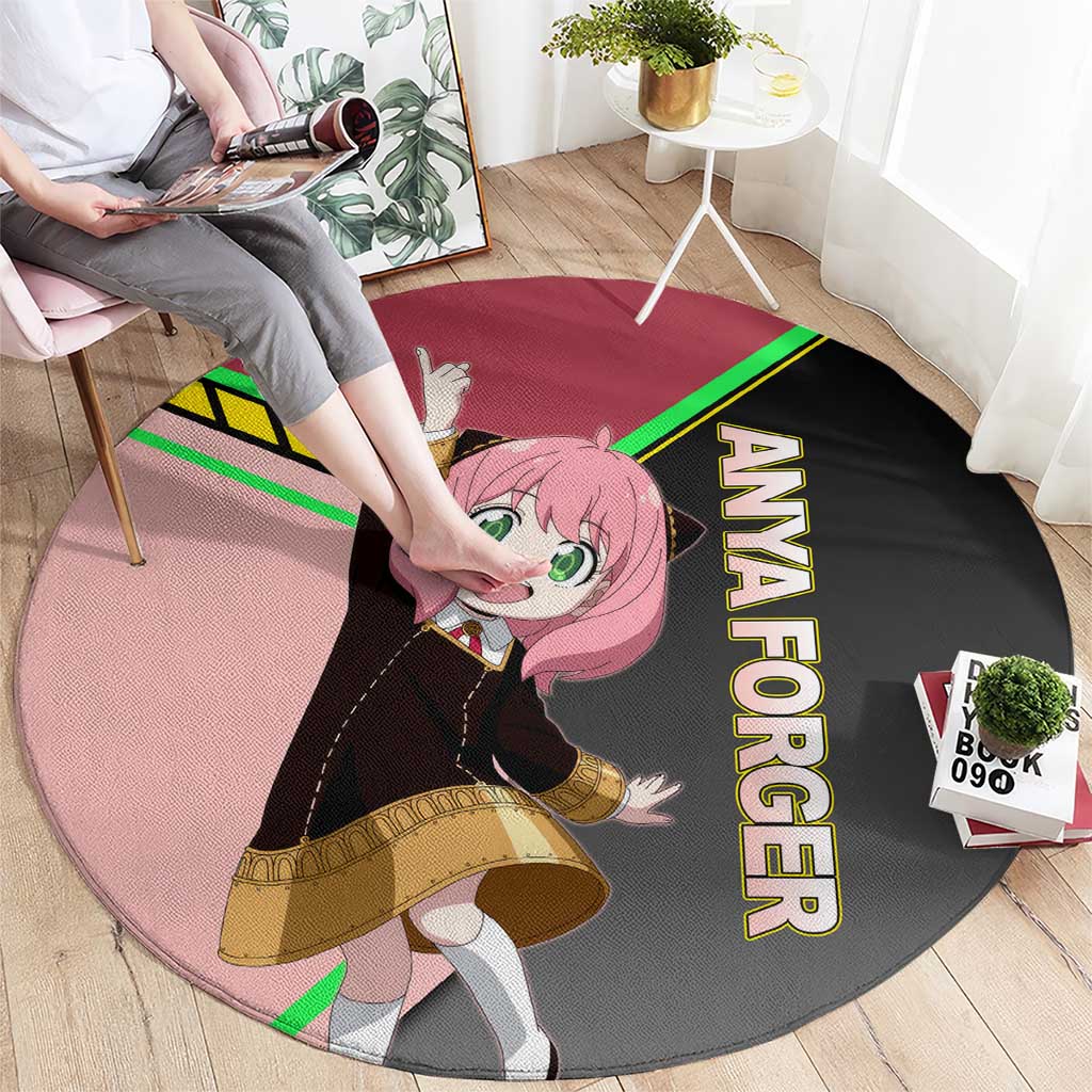 Anya Forger Spy x Family Pink and Black Theme Round Carpet with Cheerful Pose and Cartoon Style Accents - The Mazicc
