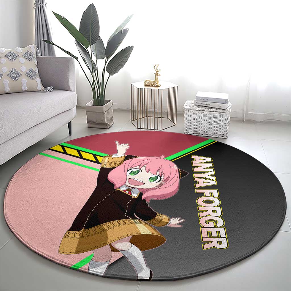 Anya Forger Spy x Family Pink and Black Theme Round Carpet with Cheerful Pose and Cartoon Style Accents - The Mazicc