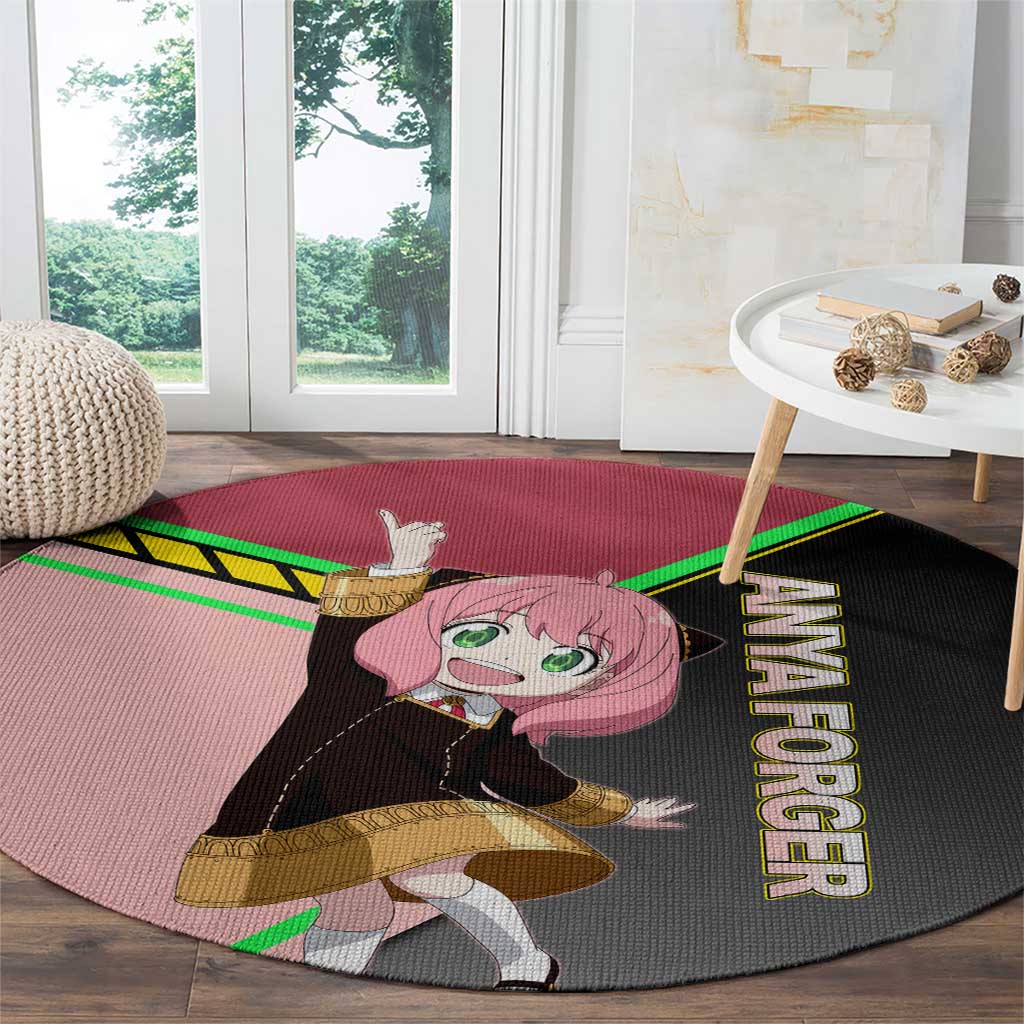 Anya Forger Spy x Family Pink and Black Theme Round Carpet with Cheerful Pose and Cartoon Style Accents - The Mazicc