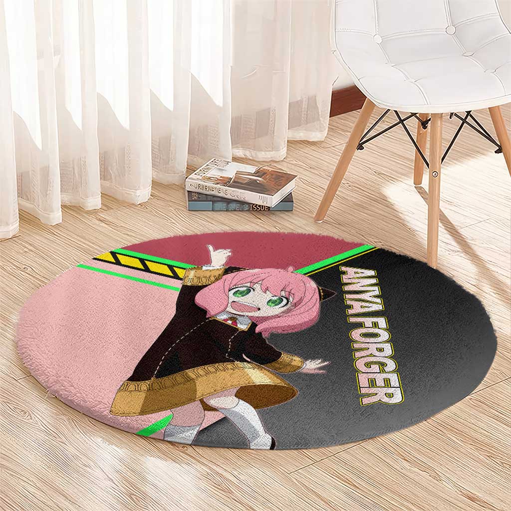 Anya Forger Spy x Family Pink and Black Theme Round Carpet with Cheerful Pose and Cartoon Style Accents - The Mazicc