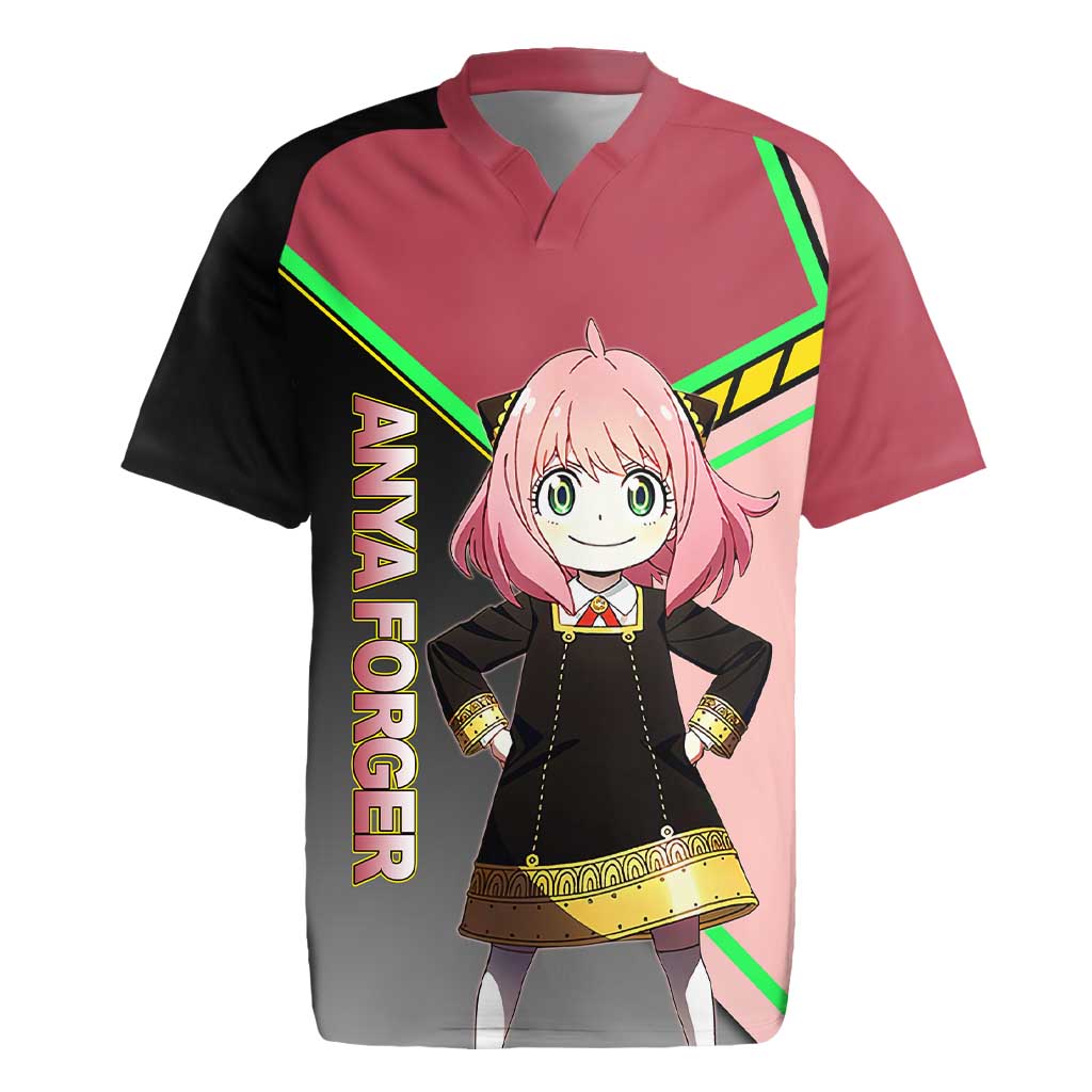 Anya Forger Spy x Family Pink and Black Theme Rugby Jersey with Cheerful Pose and Cartoon Style Accents - The Mazicc
