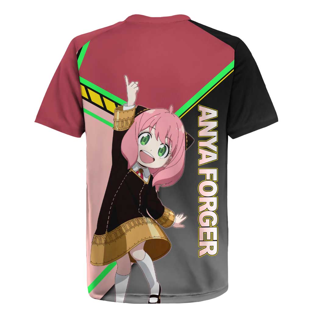Anya Forger Spy x Family Pink and Black Theme Rugby Jersey with Cheerful Pose and Cartoon Style Accents - The Mazicc