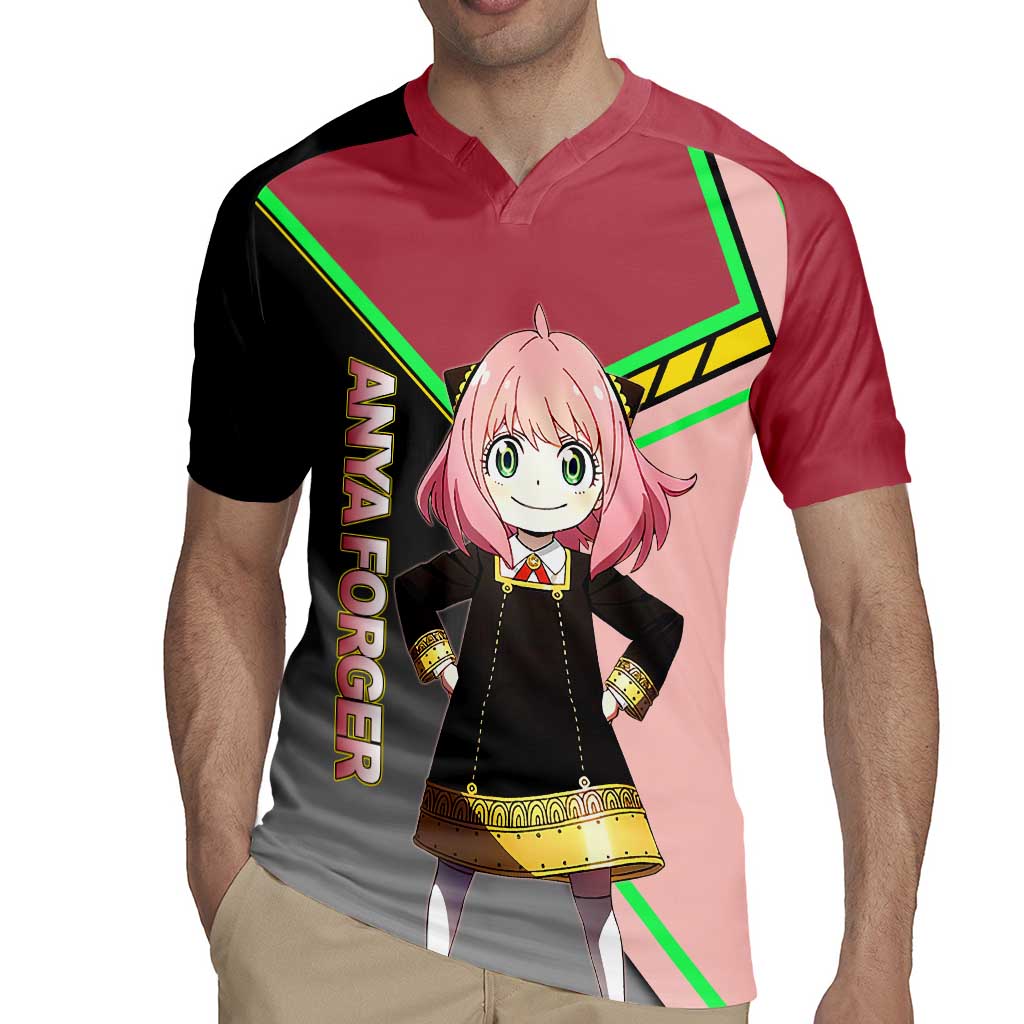Anya Forger Spy x Family Pink and Black Theme Rugby Jersey with Cheerful Pose and Cartoon Style Accents - The Mazicc