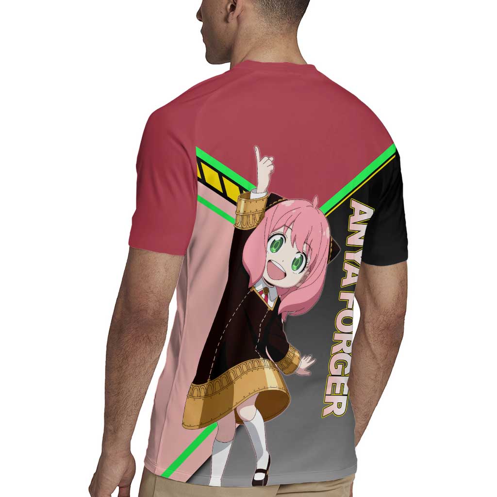 Anya Forger Spy x Family Pink and Black Theme Rugby Jersey with Cheerful Pose and Cartoon Style Accents - The Mazicc
