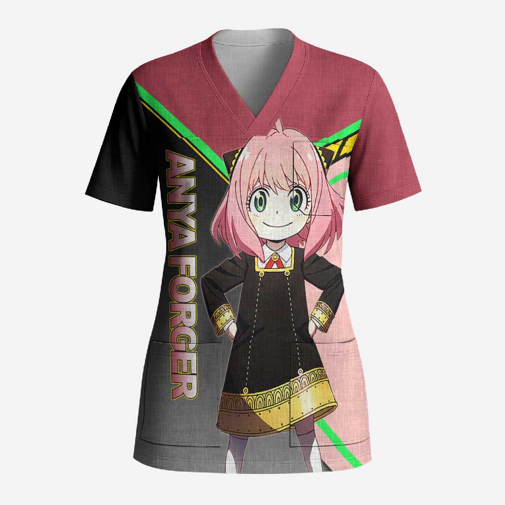 Anya Forger Spy x Family Pink and Black Theme Scrub Top with Cheerful Pose and Cartoon Style Accents - The Mazicc