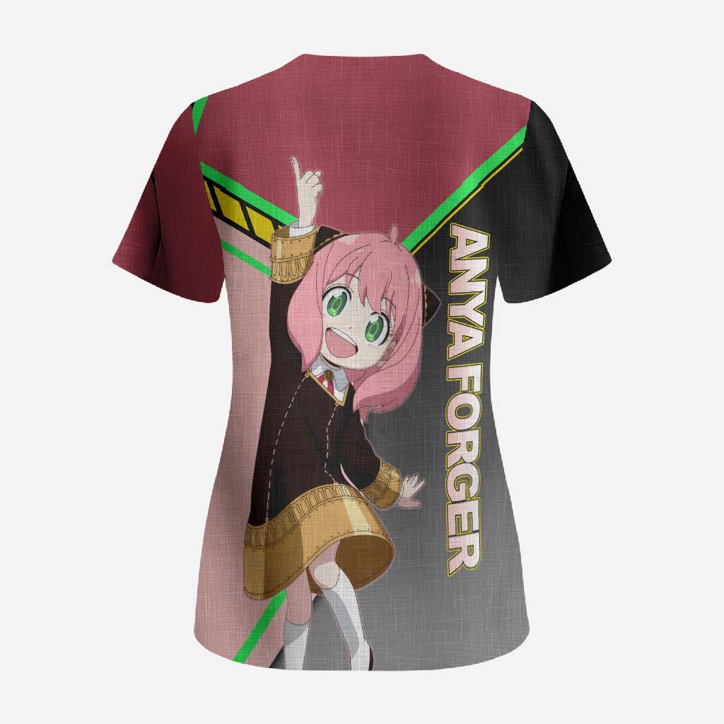 Anya Forger Spy x Family Pink and Black Theme Scrub Top with Cheerful Pose and Cartoon Style Accents - The Mazicc