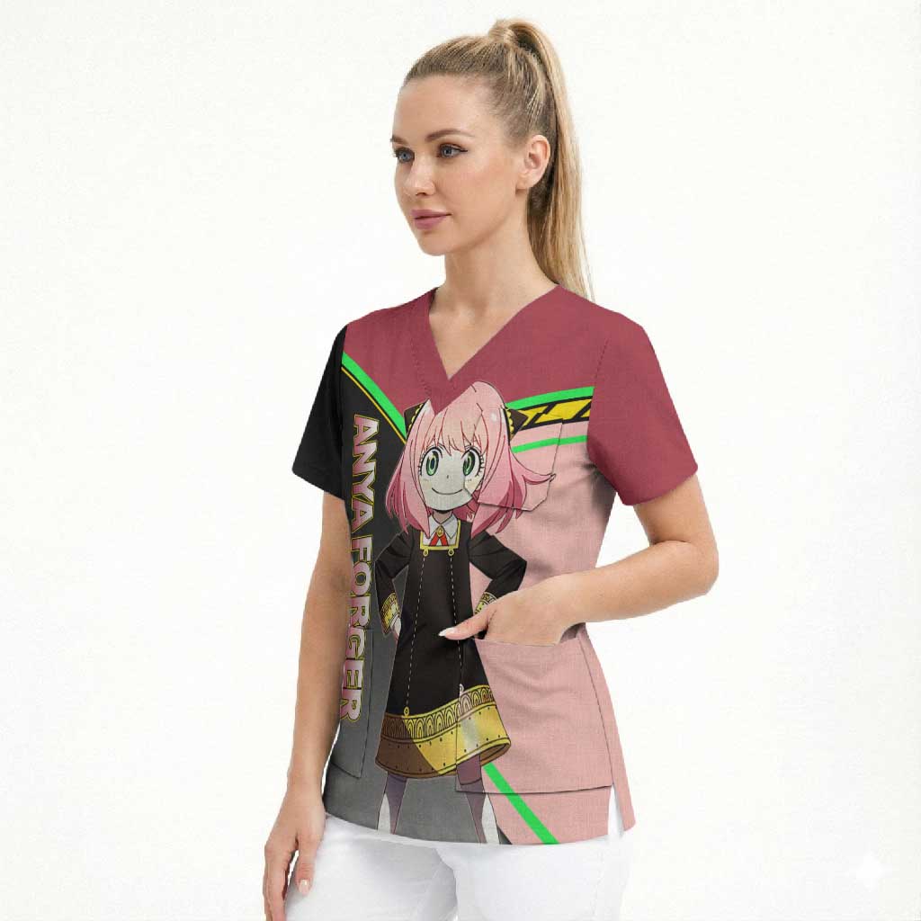 Anya Forger Spy x Family Pink and Black Theme Scrub Top with Cheerful Pose and Cartoon Style Accents - The Mazicc