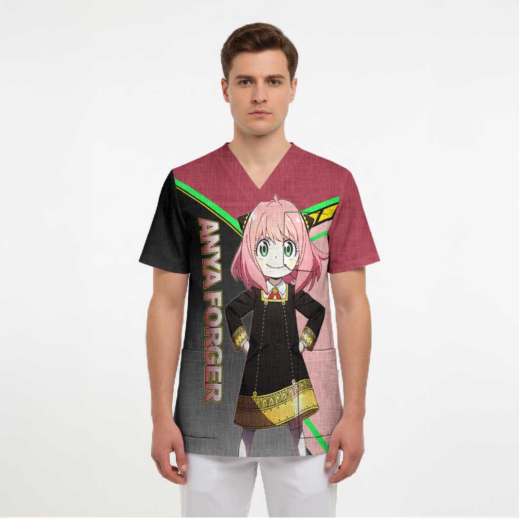 Anya Forger Spy x Family Pink and Black Theme Scrub Top with Cheerful Pose and Cartoon Style Accents - The Mazicc
