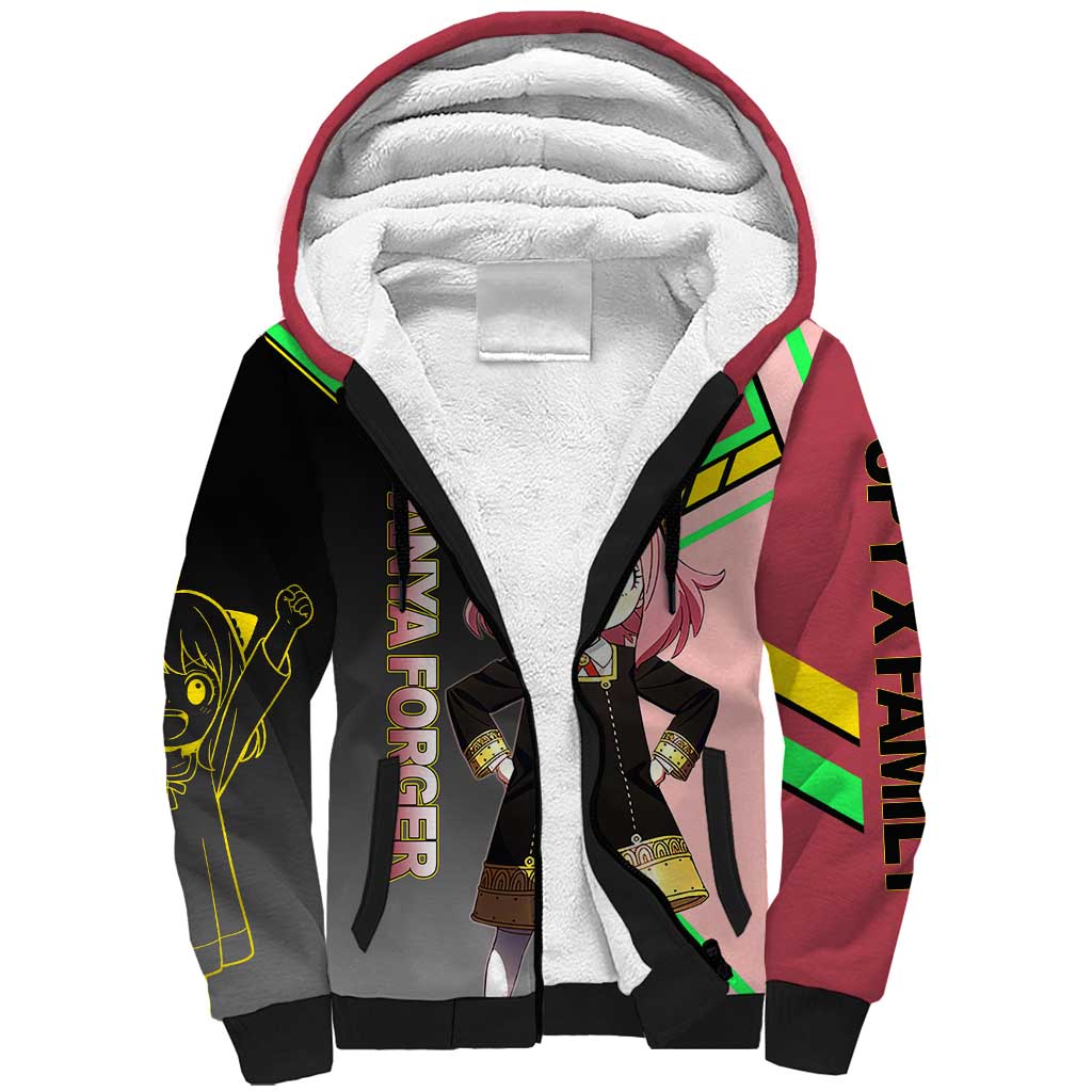 Anya Forger Spy x Family Pink and Black Theme Sherpa Hoodie with Cheerful Pose and Cartoon Style Accents - The Mazicc