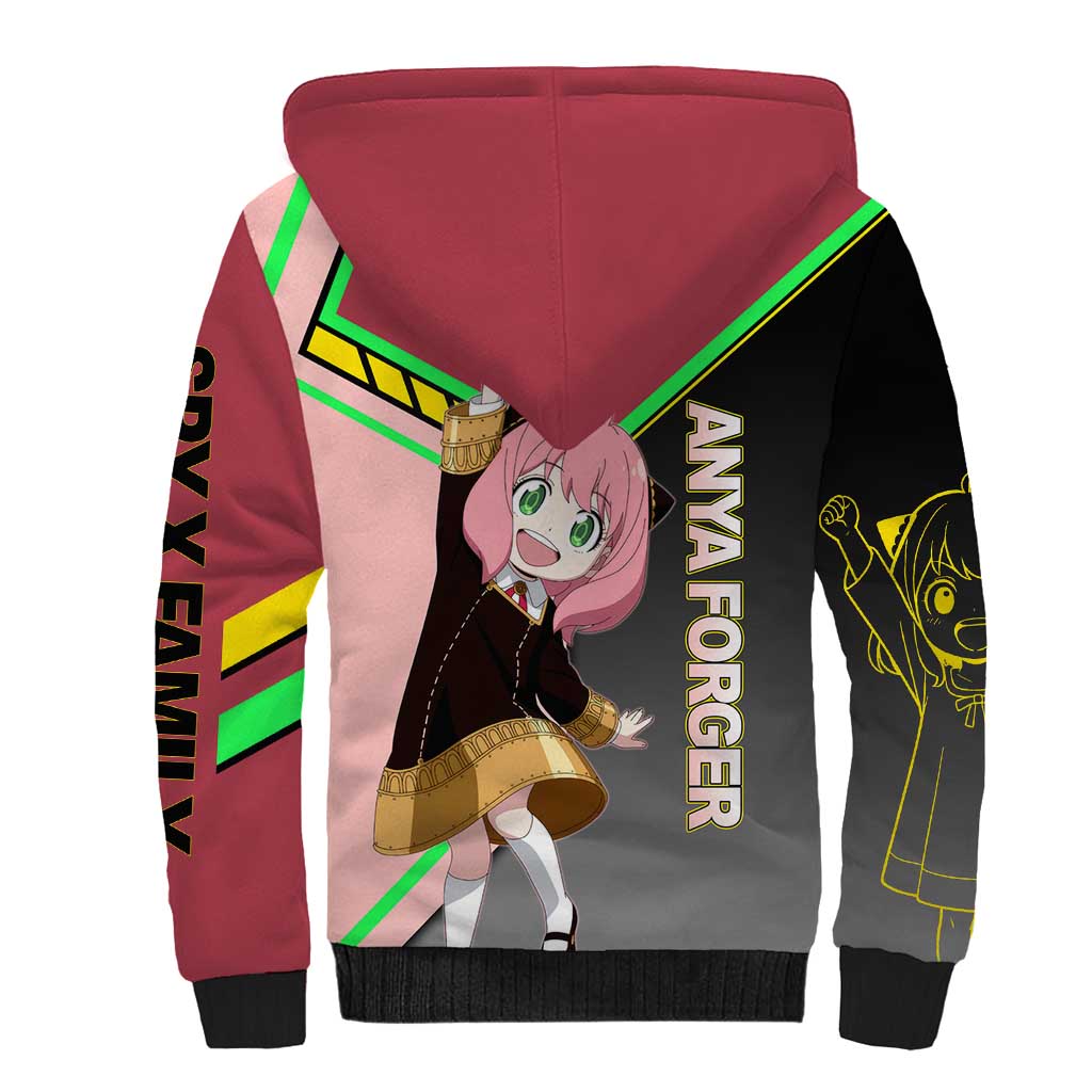 Anya Forger Spy x Family Pink and Black Theme Sherpa Hoodie with Cheerful Pose and Cartoon Style Accents - The Mazicc