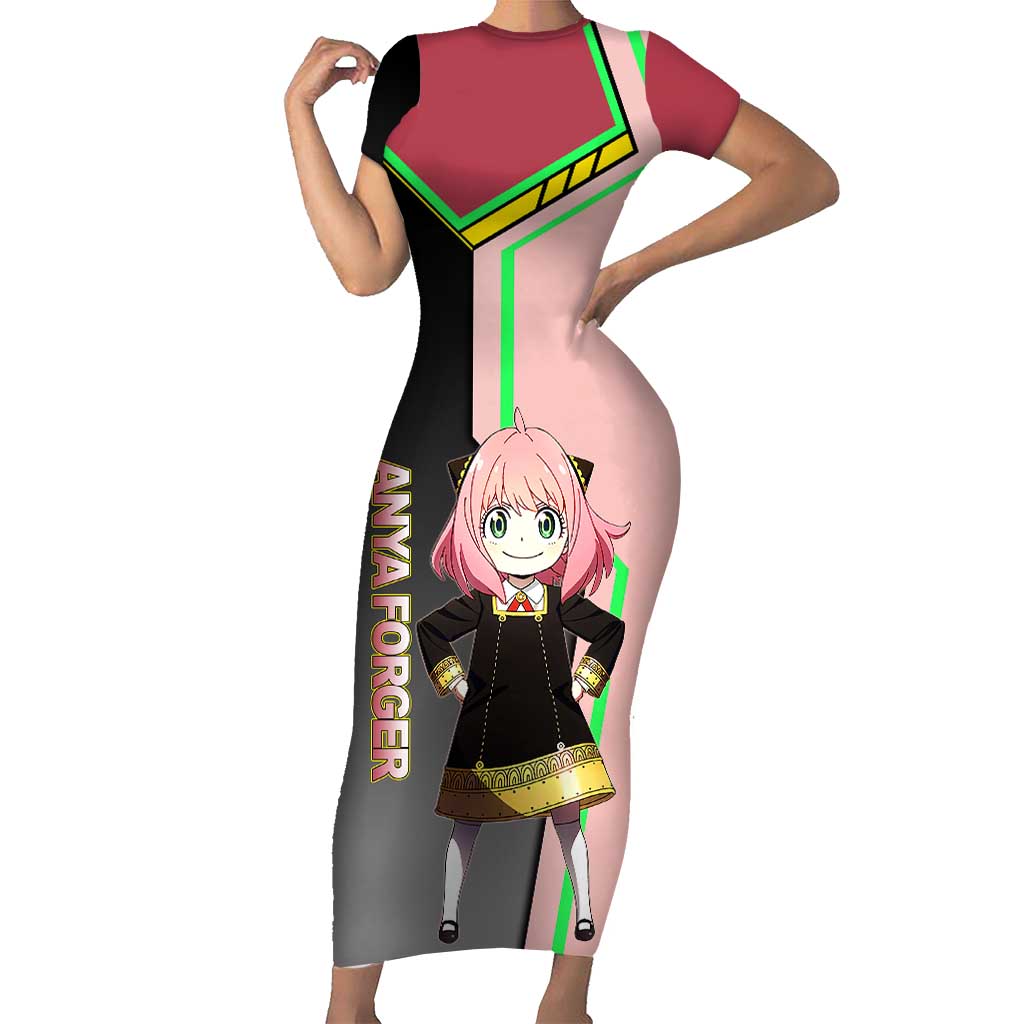 Anya Forger Spy x Family Pink and Black Theme Short Sleeve Bodycon Dress with Cheerful Pose and Cartoon Style Accents - The Mazicc