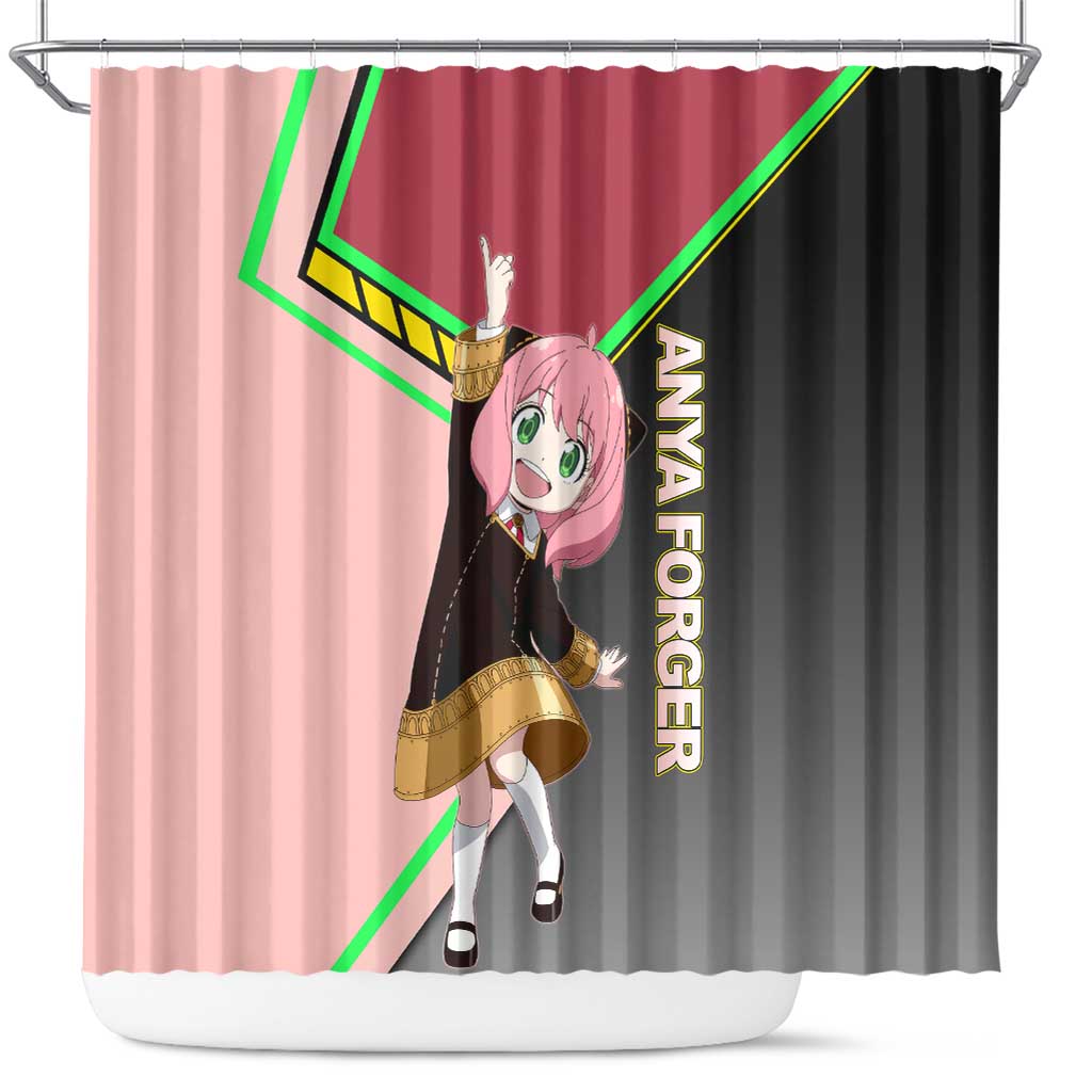 Anya Forger Spy x Family Pink and Black Theme Shower Curtain with Cheerful Pose and Cartoon Style Accents - The Mazicc