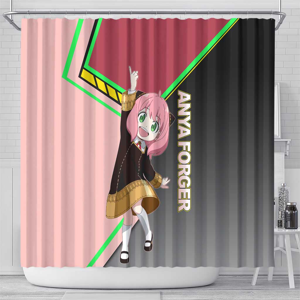 Anya Forger Spy x Family Pink and Black Theme Shower Curtain with Cheerful Pose and Cartoon Style Accents - The Mazicc