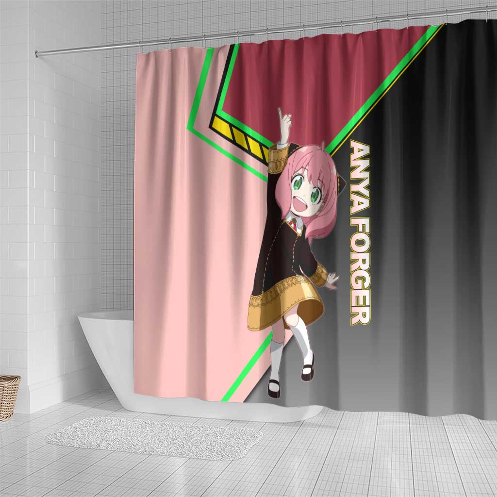 Anya Forger Spy x Family Pink and Black Theme Shower Curtain with Cheerful Pose and Cartoon Style Accents - The Mazicc