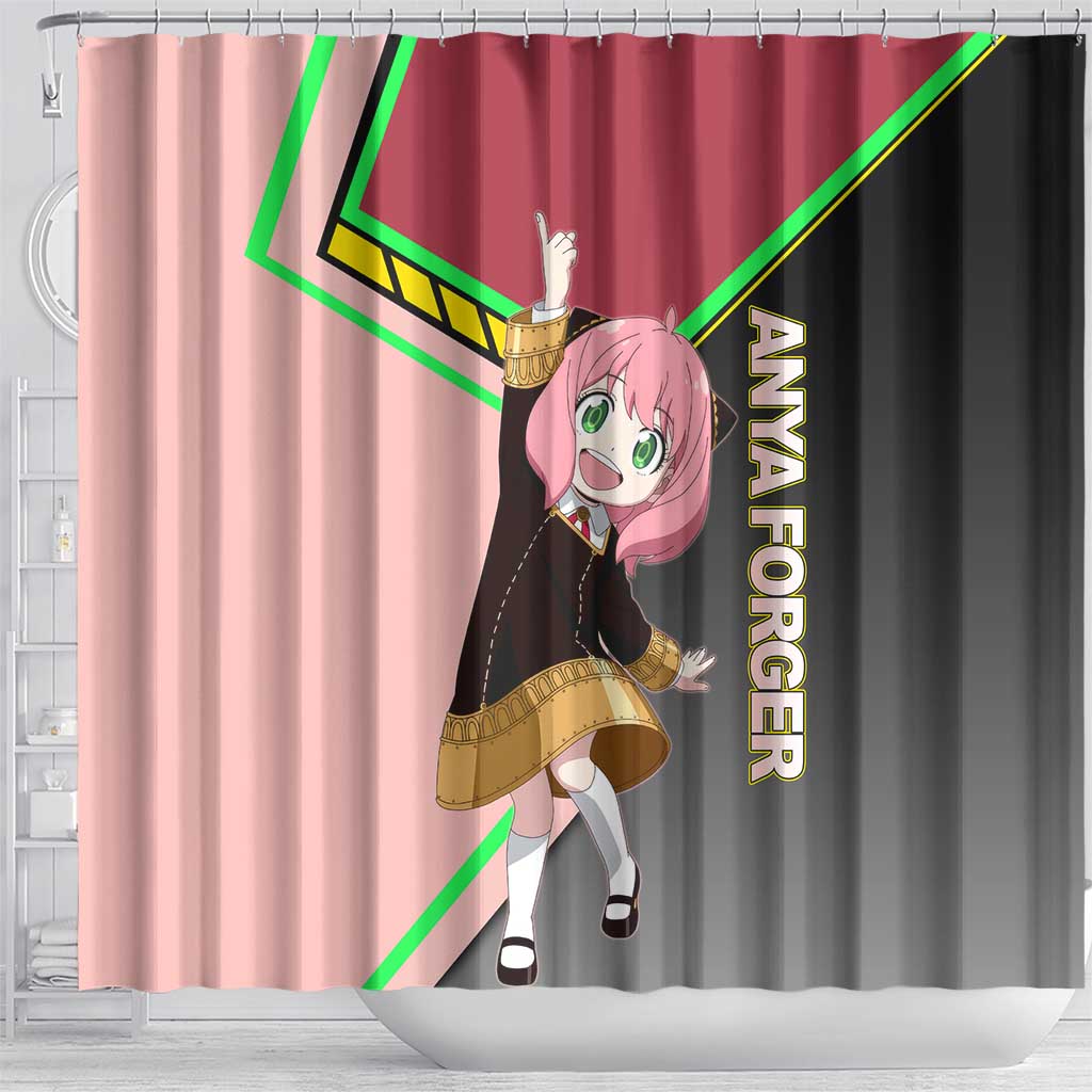Anya Forger Spy x Family Pink and Black Theme Shower Curtain with Cheerful Pose and Cartoon Style Accents - The Mazicc