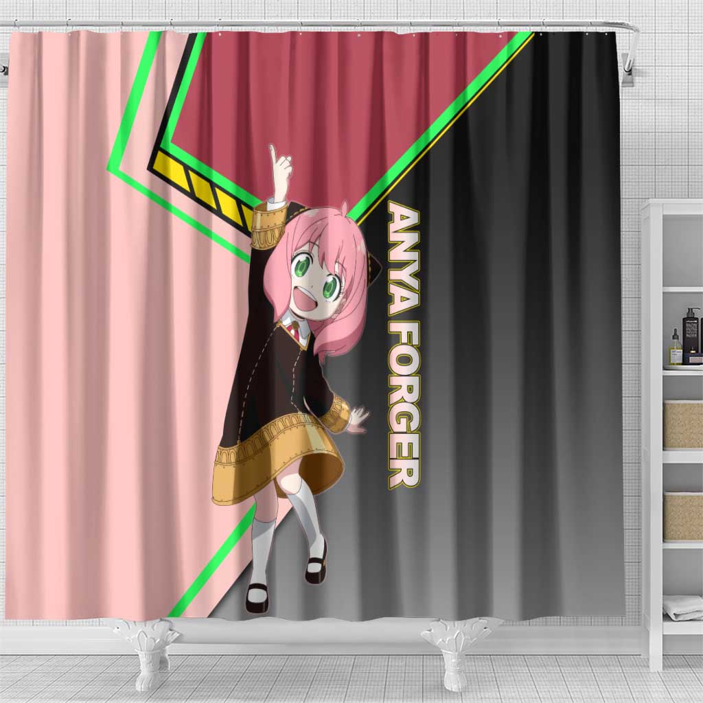 Anya Forger Spy x Family Pink and Black Theme Shower Curtain with Cheerful Pose and Cartoon Style Accents - The Mazicc