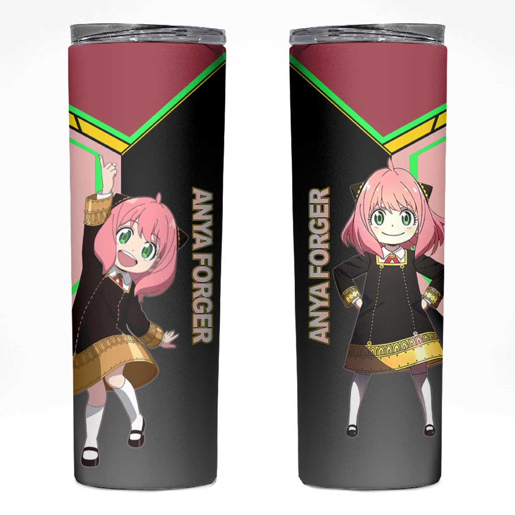 Anya Forger Spy x Family Pink and Black Theme Skinny Tumbler with Cheerful Pose and Cartoon Style Accents - The Mazicc