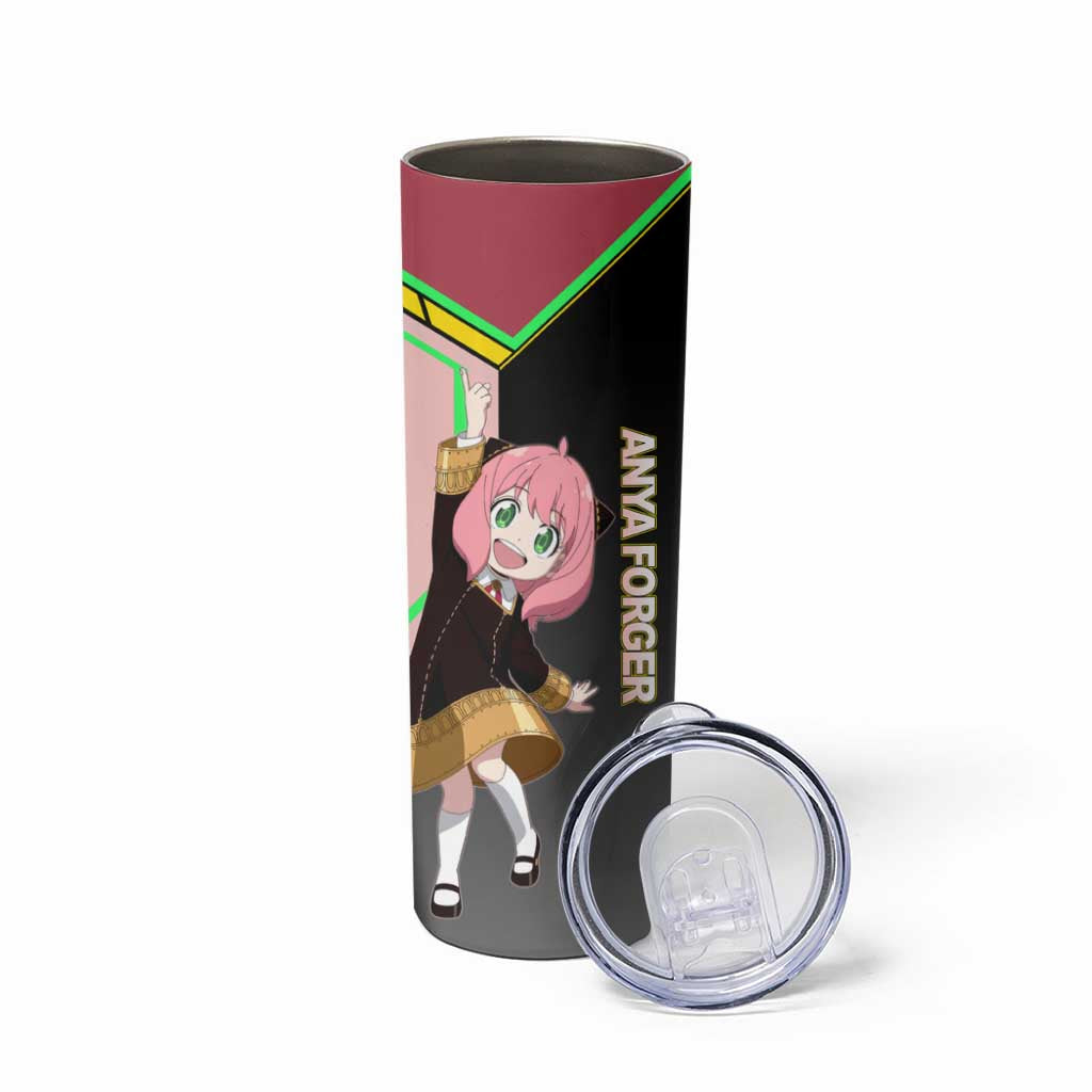 Anya Forger Spy x Family Pink and Black Theme Skinny Tumbler with Cheerful Pose and Cartoon Style Accents - The Mazicc