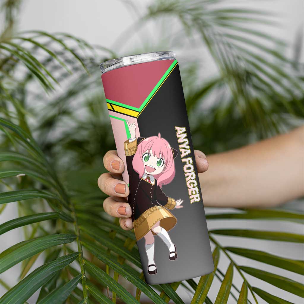 Anya Forger Spy x Family Pink and Black Theme Skinny Tumbler with Cheerful Pose and Cartoon Style Accents - The Mazicc
