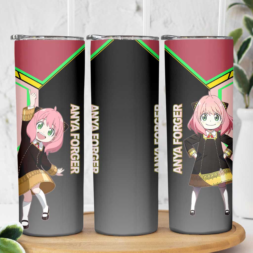 Anya Forger Spy x Family Pink and Black Theme Skinny Tumbler with Cheerful Pose and Cartoon Style Accents - The Mazicc