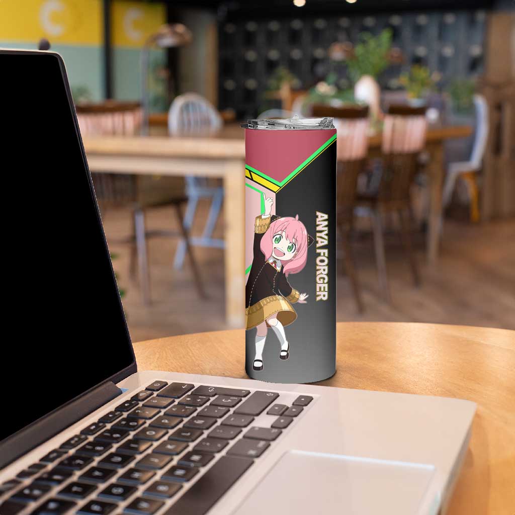 Anya Forger Spy x Family Pink and Black Theme Skinny Tumbler with Cheerful Pose and Cartoon Style Accents - The Mazicc