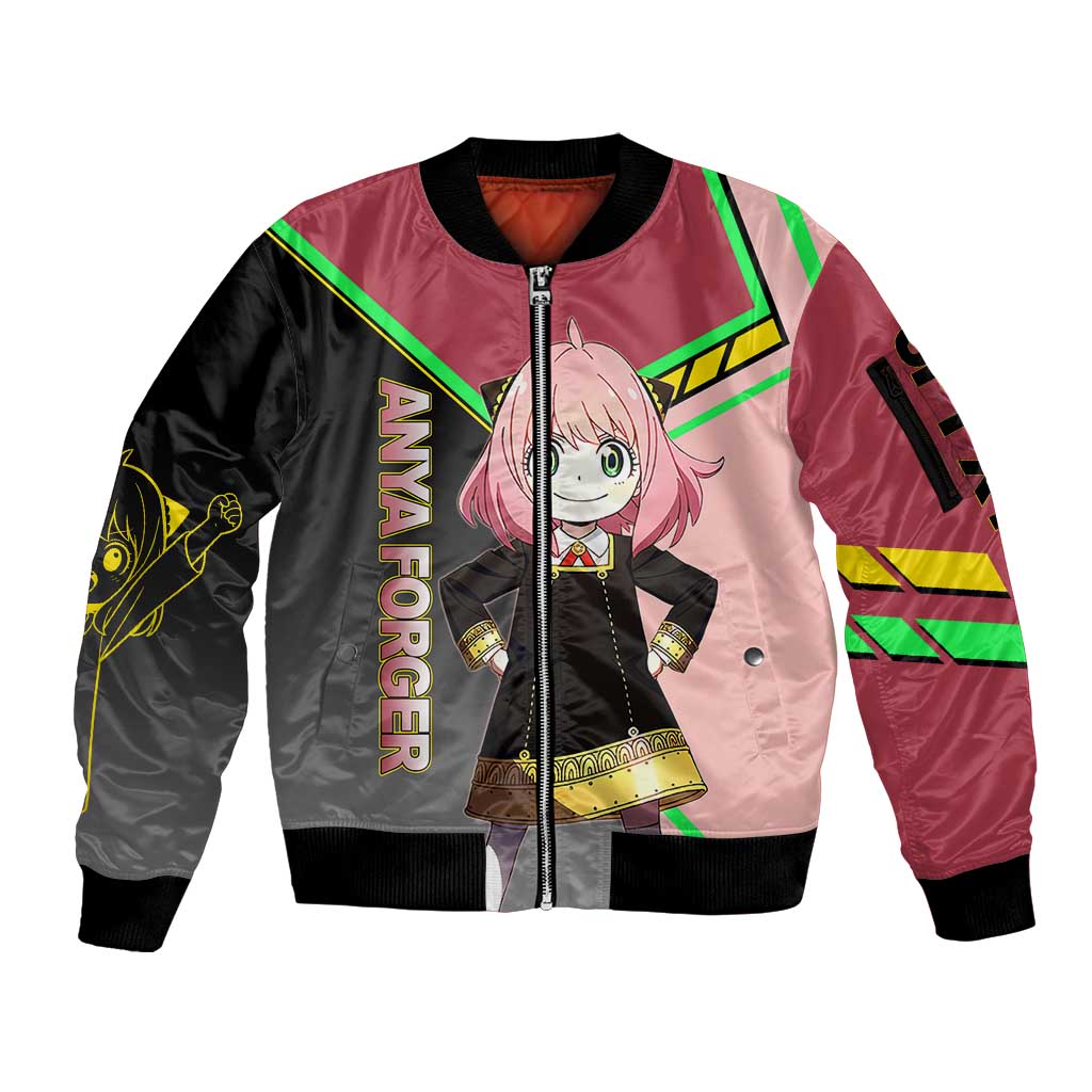 Anya Forger Spy x Family Pink and Black Theme Sleeve Zip Bomber Jacket with Cheerful Pose and Cartoon Style Accents - The Mazicc