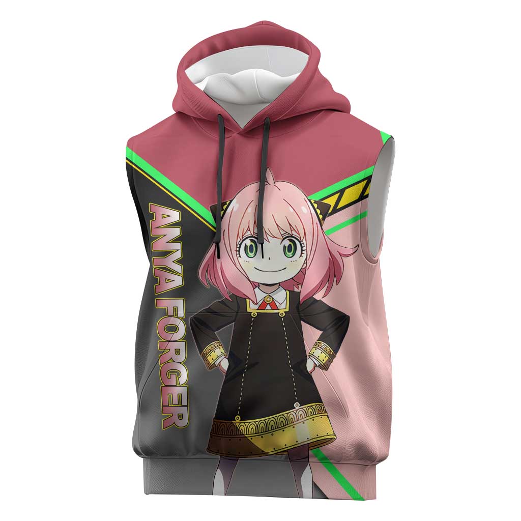 Anya Forger Spy x Family Pink and Black Theme Sleeveless Hoodie with Cheerful Pose and Cartoon Style Accents - The Mazicc