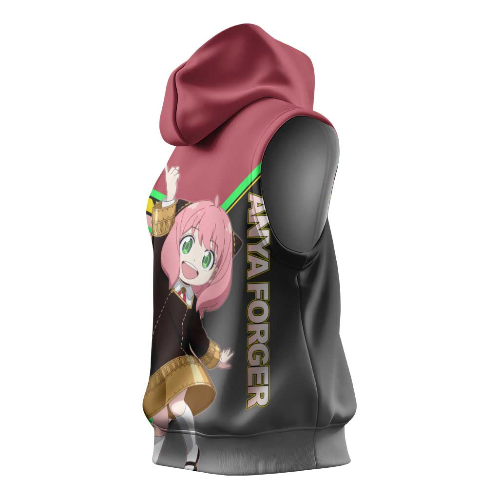 Anya Forger Spy x Family Pink and Black Theme Sleeveless Hoodie with Cheerful Pose and Cartoon Style Accents - The Mazicc