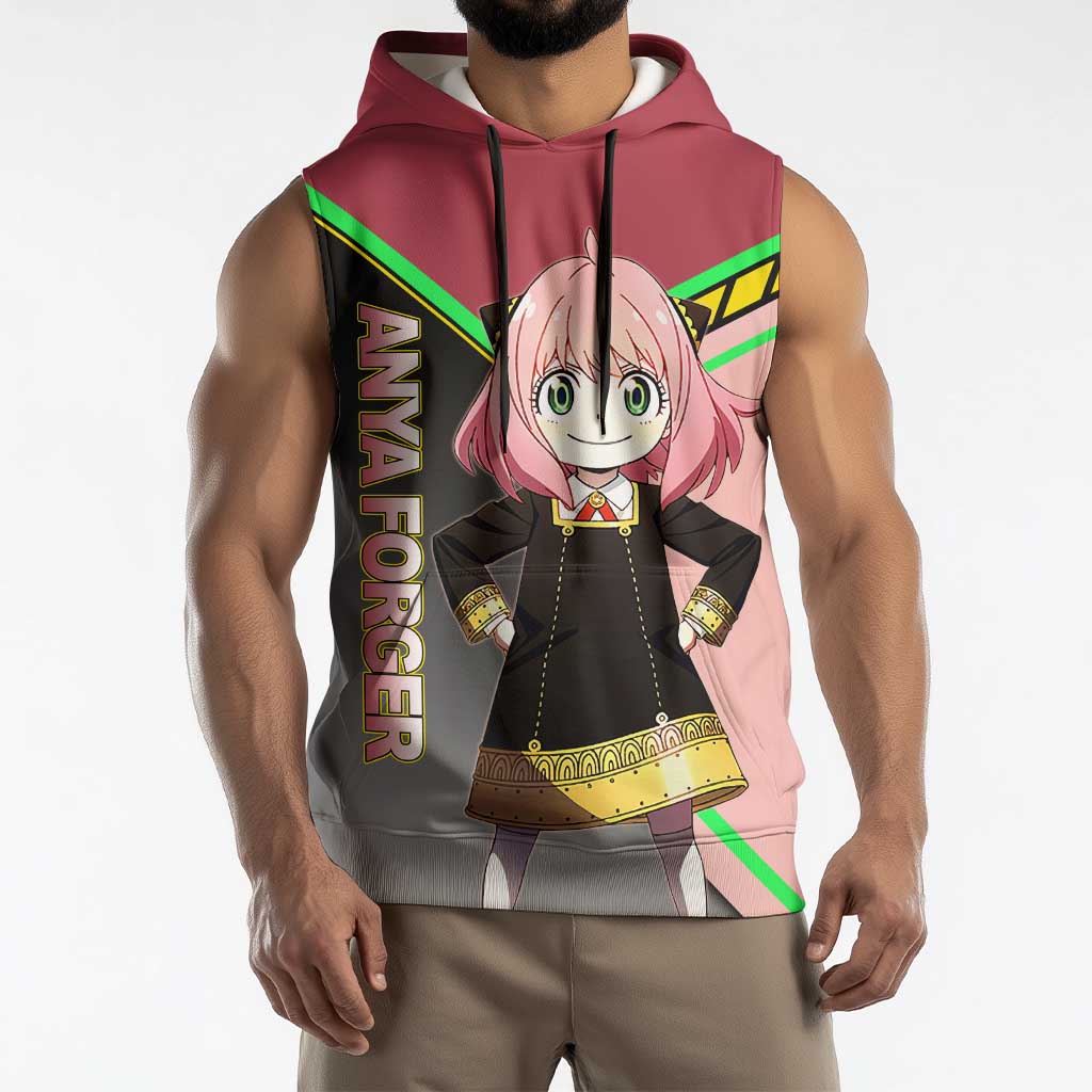 Anya Forger Spy x Family Pink and Black Theme Sleeveless Hoodie with Cheerful Pose and Cartoon Style Accents - The Mazicc