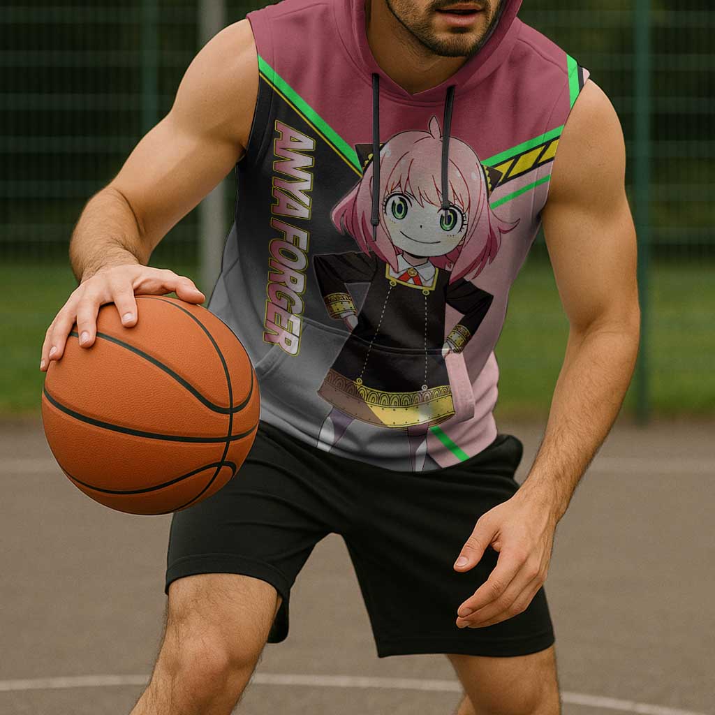 Anya Forger Spy x Family Pink and Black Theme Sleeveless Hoodie with Cheerful Pose and Cartoon Style Accents - The Mazicc