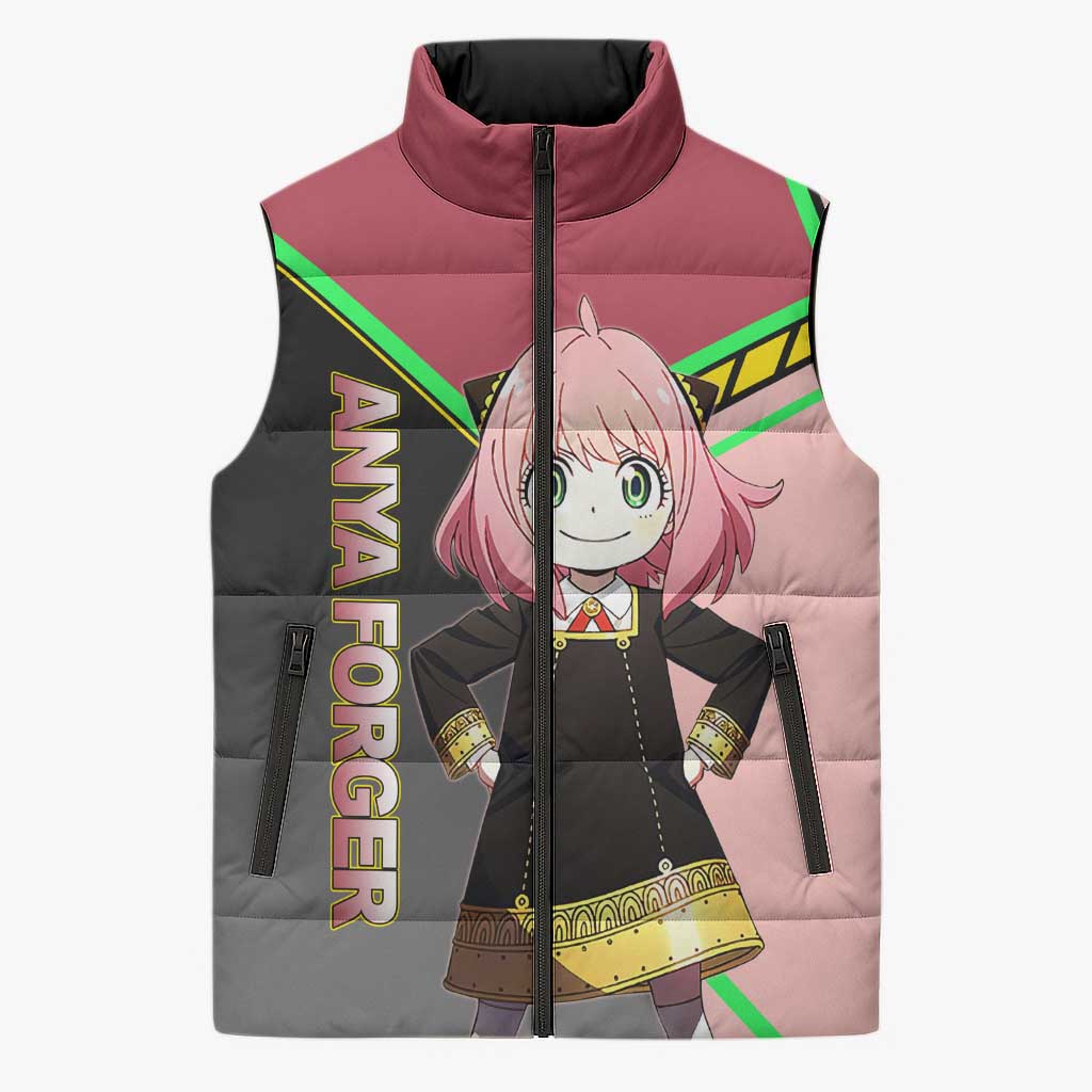 Anya Forger Spy x Family Pink and Black Theme Sleeveless Puffer Jacket with Cheerful Pose and Cartoon Style Accents - The Mazicc