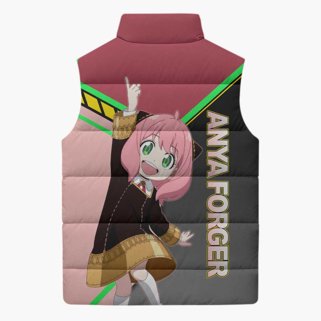 Anya Forger Spy x Family Pink and Black Theme Sleeveless Puffer Jacket with Cheerful Pose and Cartoon Style Accents - The Mazicc