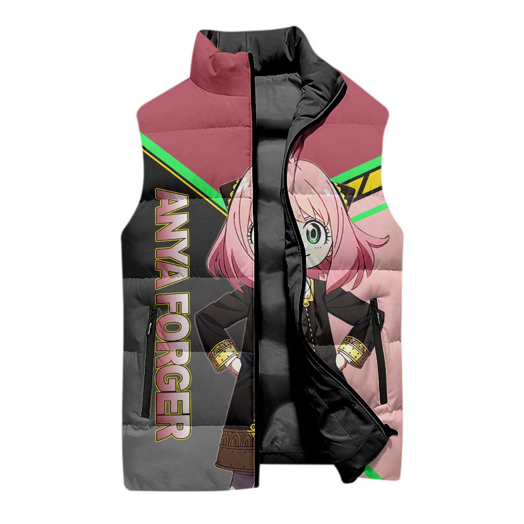 Anya Forger Spy x Family Pink and Black Theme Sleeveless Puffer Jacket with Cheerful Pose and Cartoon Style Accents - The Mazicc