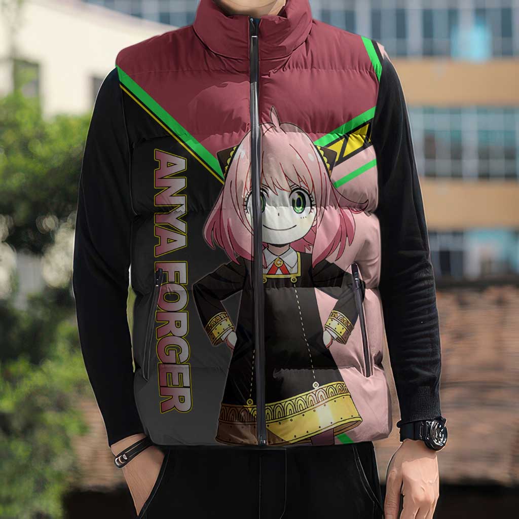 Anya Forger Spy x Family Pink and Black Theme Sleeveless Puffer Jacket with Cheerful Pose and Cartoon Style Accents - The Mazicc