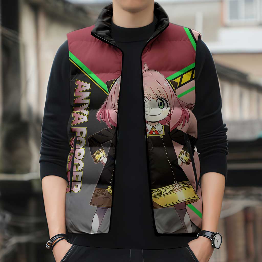 Anya Forger Spy x Family Pink and Black Theme Sleeveless Puffer Jacket with Cheerful Pose and Cartoon Style Accents - The Mazicc