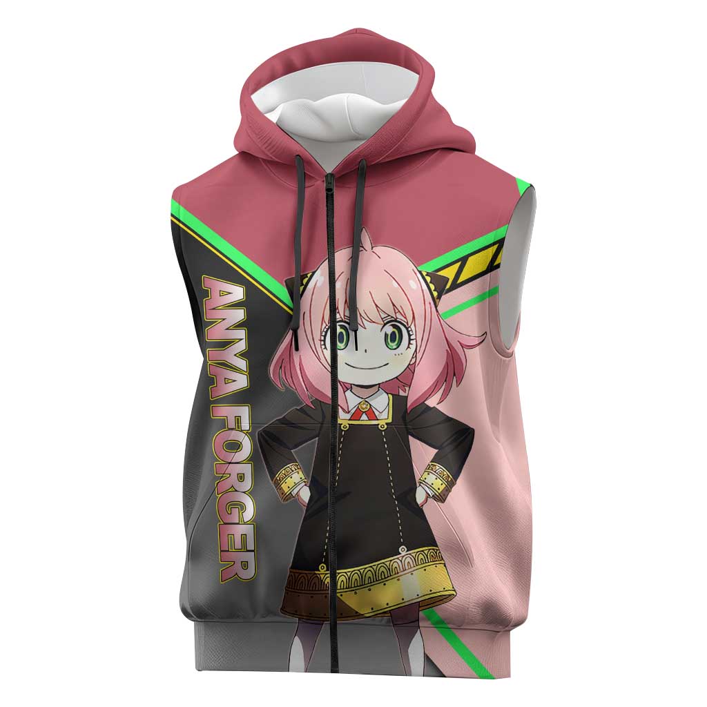 Anya Forger Spy x Family Pink and Black Theme Sleeveless Zip Hoodie with Cheerful Pose and Cartoon Style Accents - The Mazicc