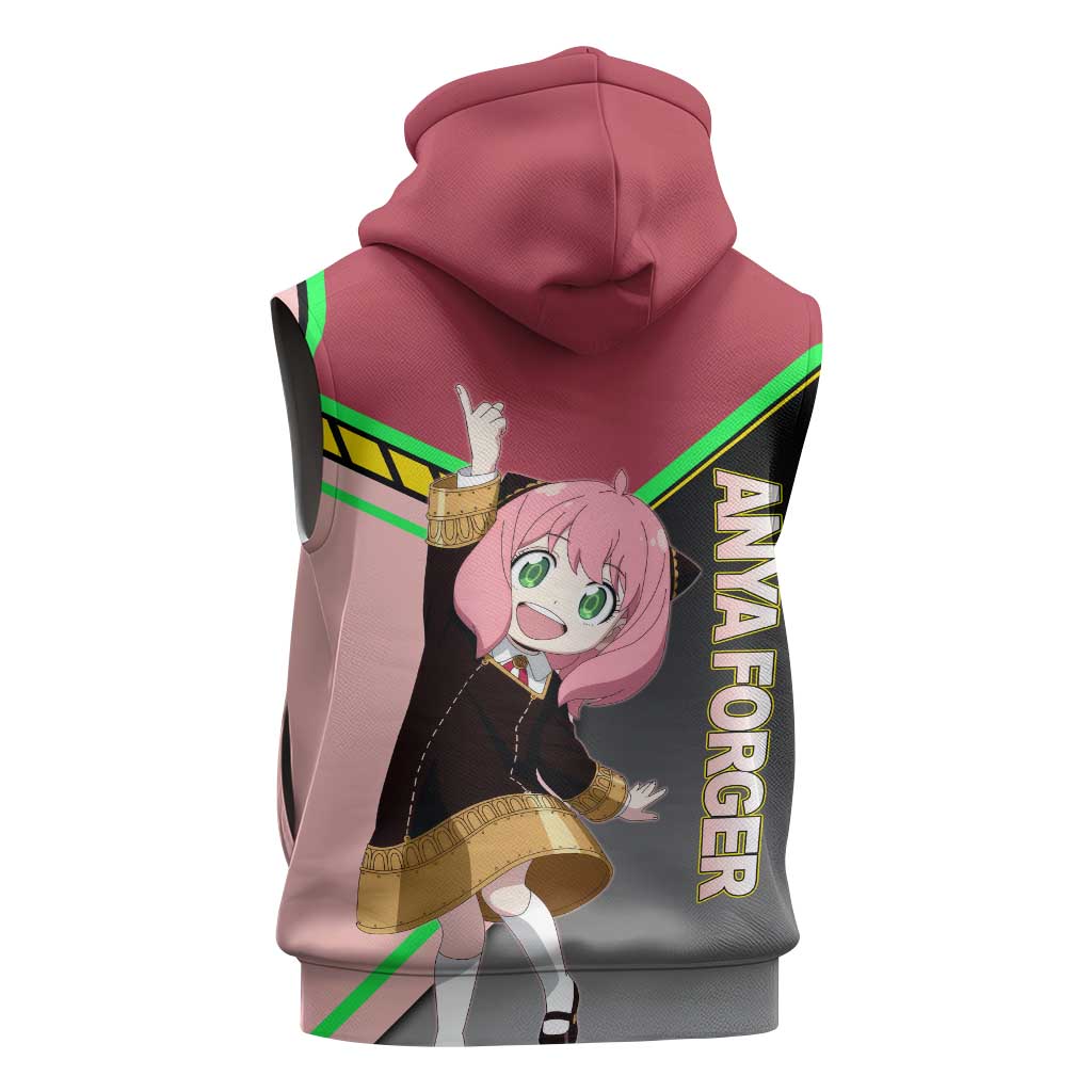 Anya Forger Spy x Family Pink and Black Theme Sleeveless Zip Hoodie with Cheerful Pose and Cartoon Style Accents - The Mazicc