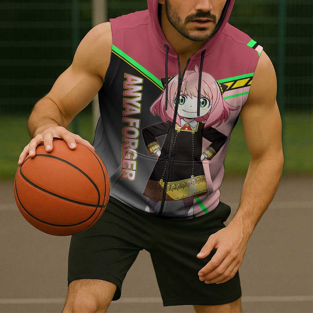 Anya Forger Spy x Family Pink and Black Theme Sleeveless Zip Hoodie with Cheerful Pose and Cartoon Style Accents - The Mazicc