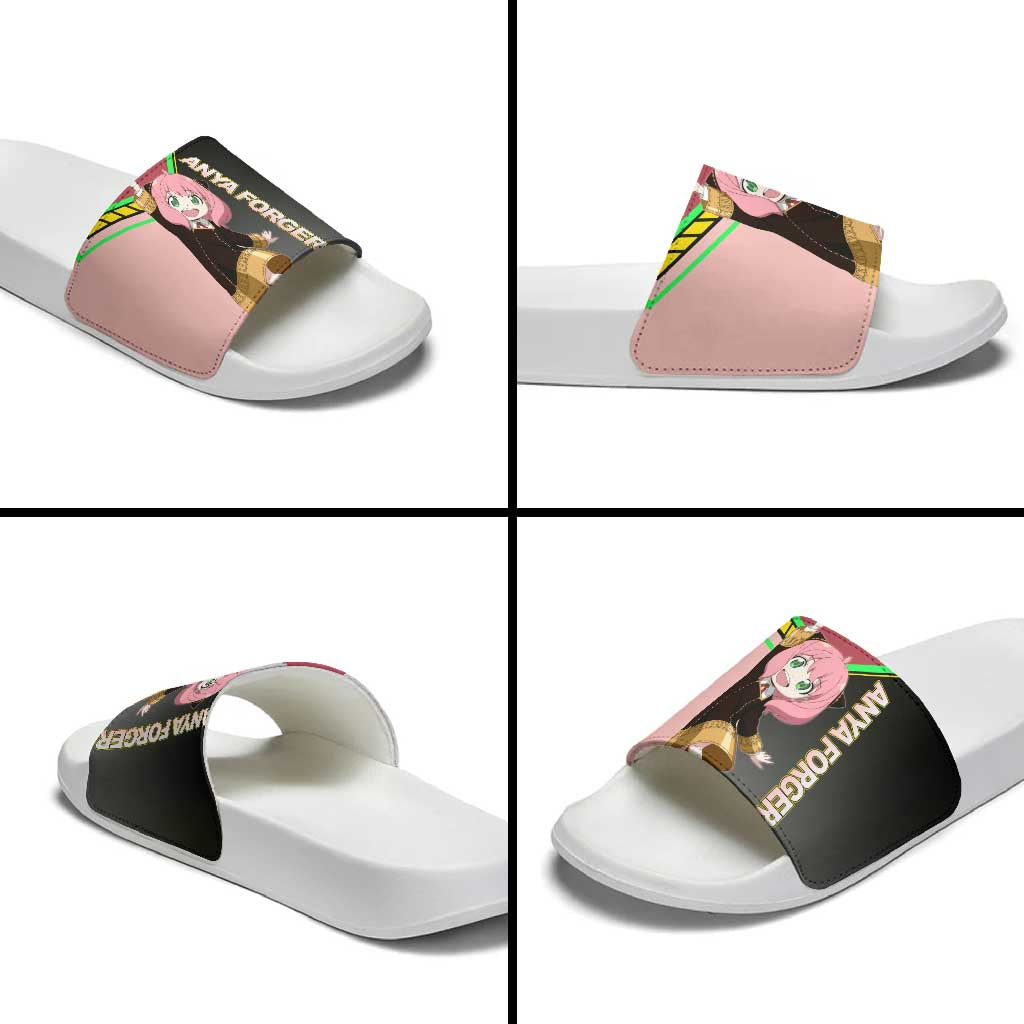 Anya Forger Spy x Family Pink and Black Theme Slide Sandals with Cheerful Pose and Cartoon Style Accents - The Mazicc
