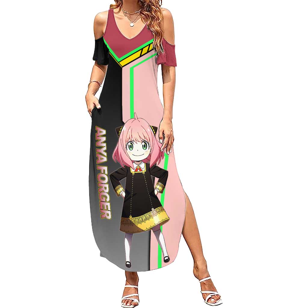 Anya Forger Spy x Family Pink and Black Theme Summer Maxi Dress with Cheerful Pose and Cartoon Style Accents - The Mazicc