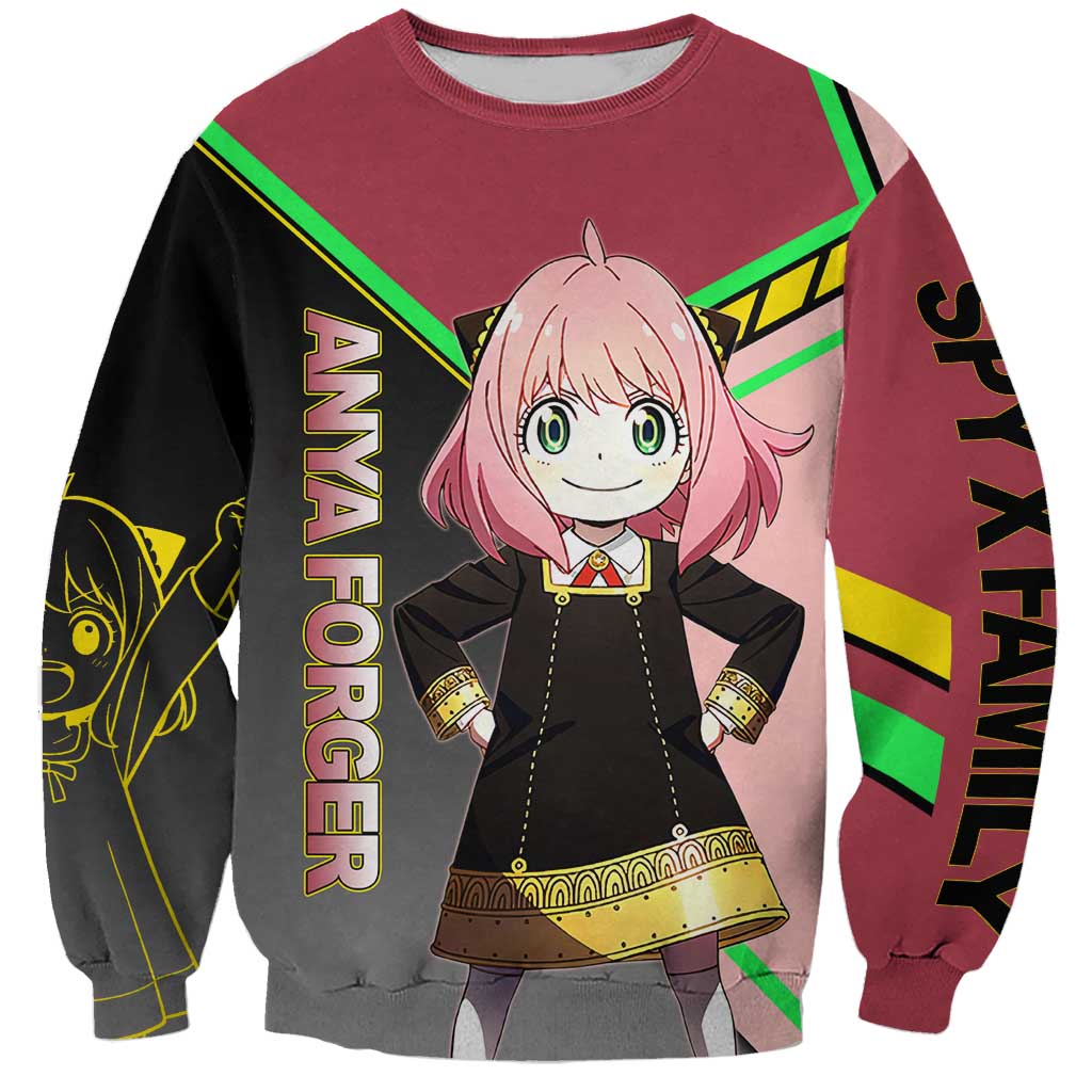 Anya Forger Spy x Family Pink and Black Theme Sweatshirt with Cheerful Pose and Cartoon Style Accents - The Mazicc