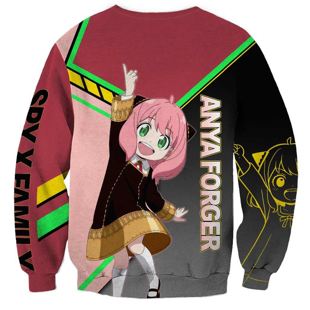 Anya Forger Spy x Family Pink and Black Theme Sweatshirt with Cheerful Pose and Cartoon Style Accents - The Mazicc